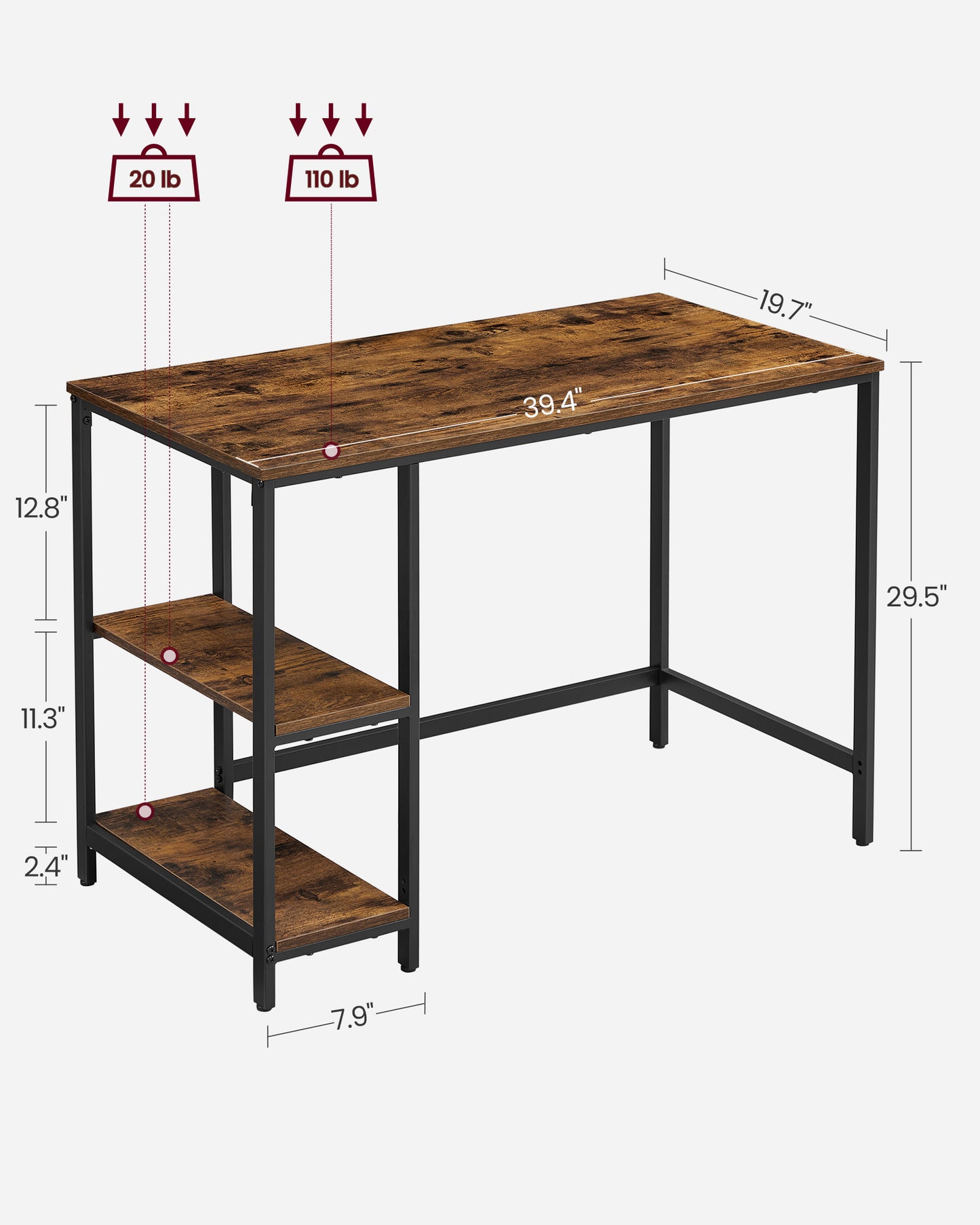 Computer Desk with 2 Shelves Rustic Brown and Ink Black - image 6