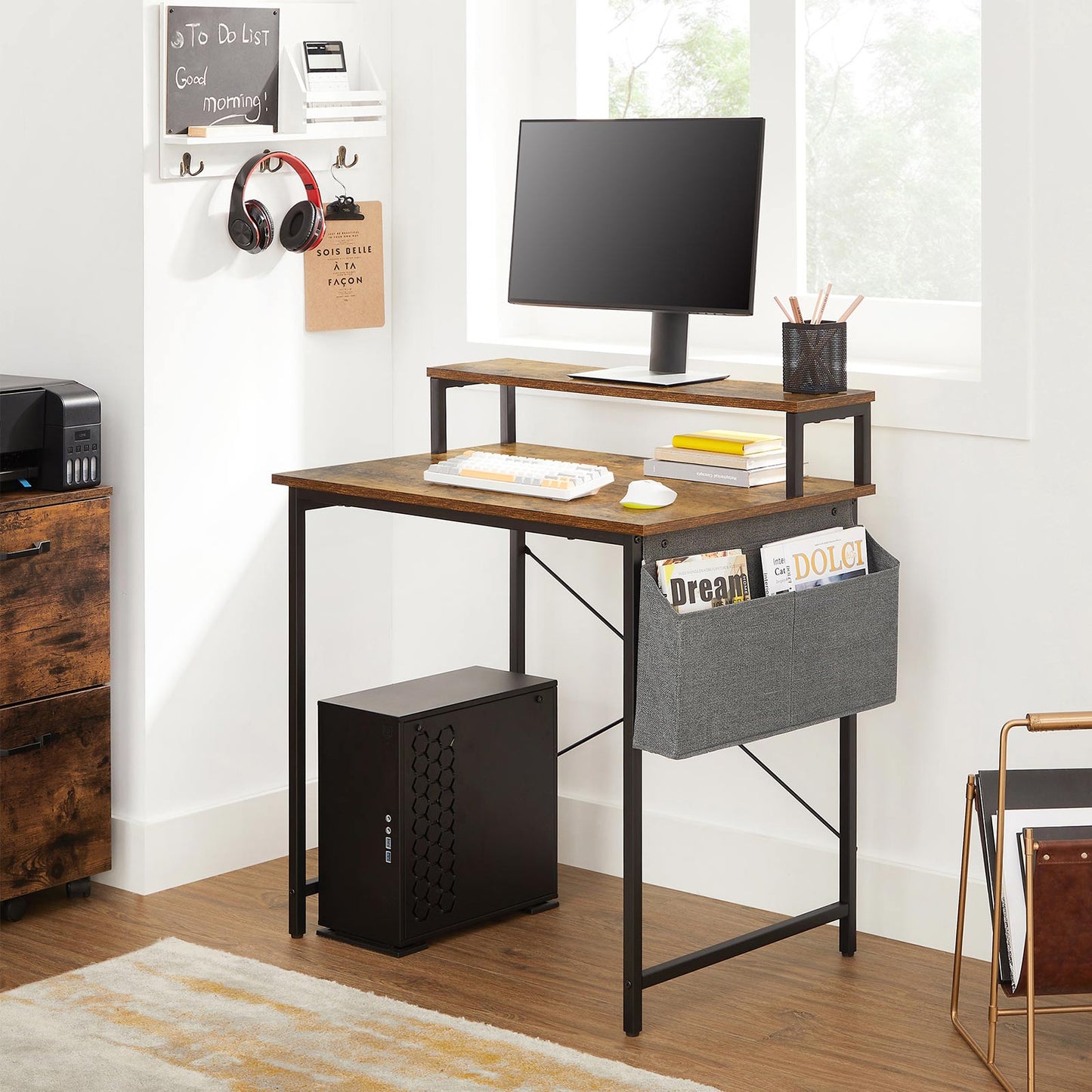Industrial Brown Small Computer Desk with Monitor Riser - image 3