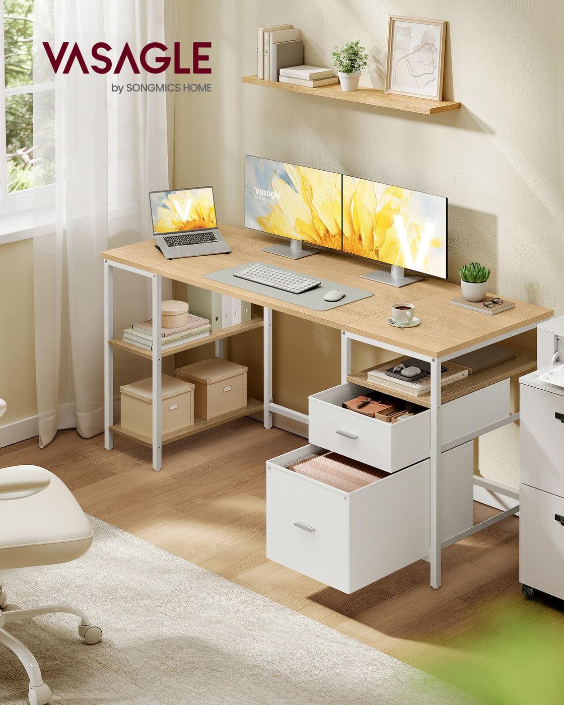 Computer Desk with 3 Shelves 2 Drawers 60 x 140 x 76 cm Natural Oak and Pearl White - image 20