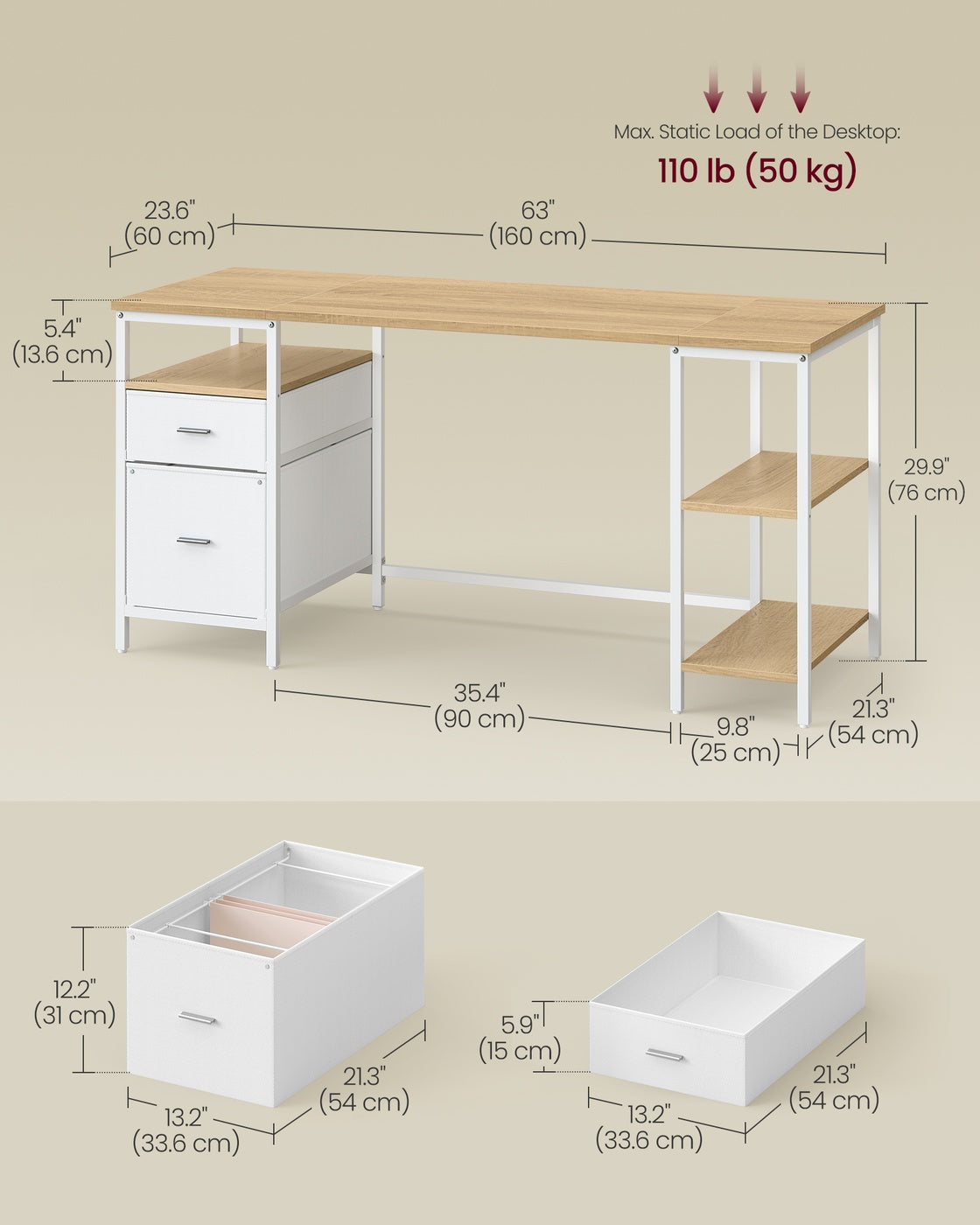 Computer Desk with 3 Shelves 2 Drawers 60 x 140 x 76 cm Natural Oak and Pearl White - image 23