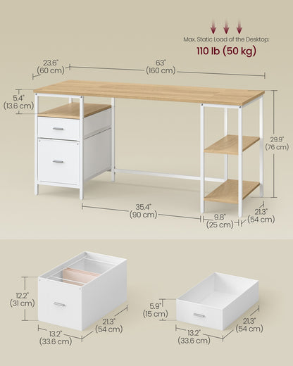 Computer Desk with 3 Shelves 2 Drawers 60 x 140 x 76 cm Natural Oak and Pearl White - image 23