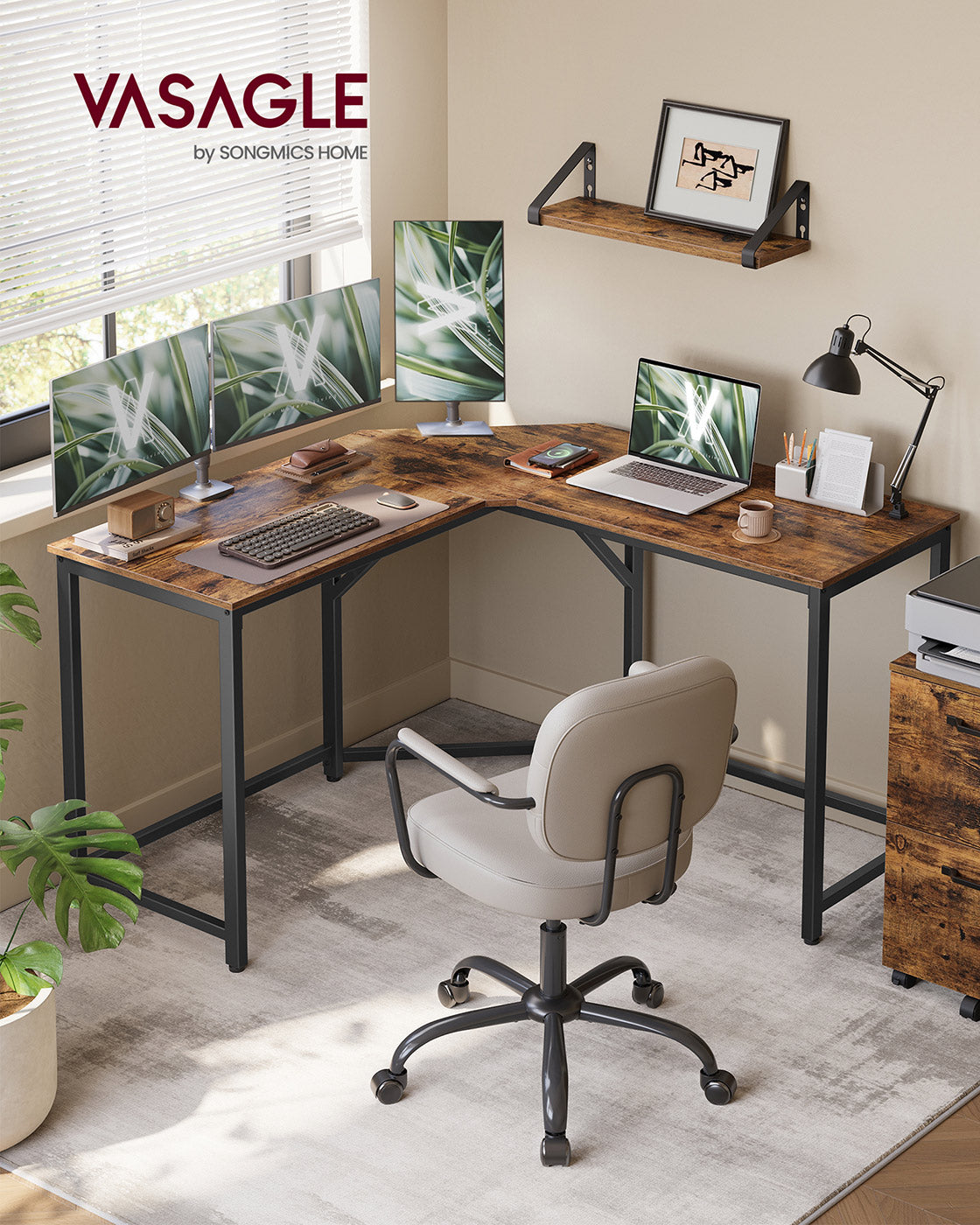 Computer Desk L-Shaped 129 x 129 x 76 cm Rustic Brown and Ink Black - image 2