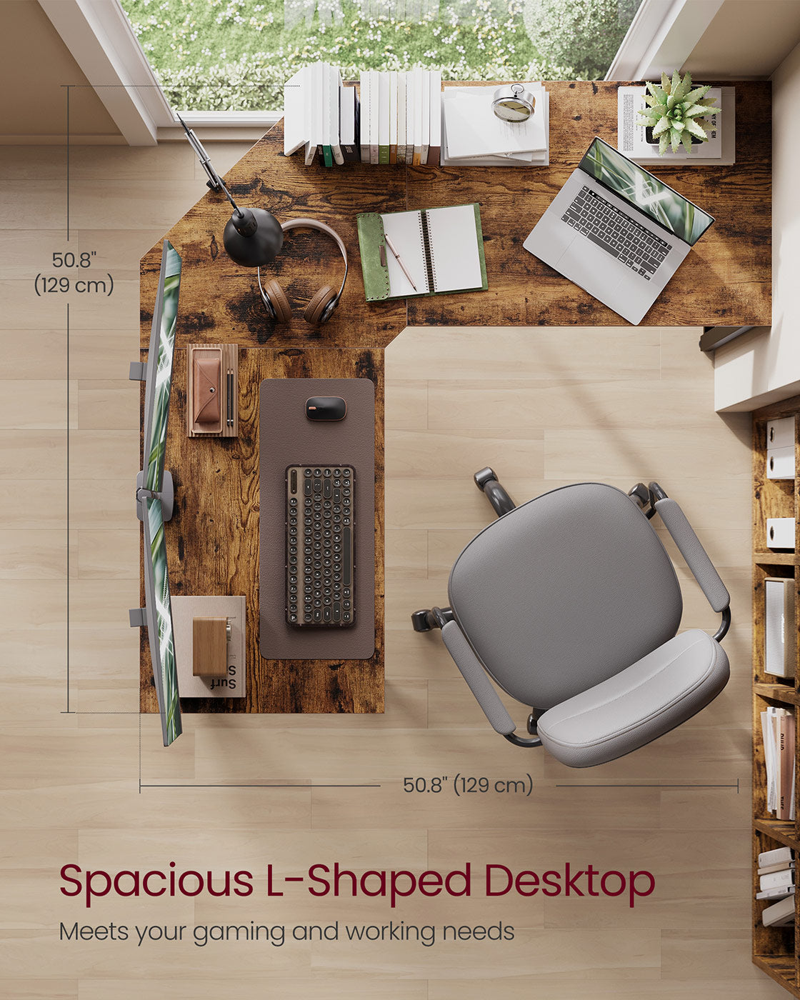 Computer Desk L-Shaped 129 x 129 x 76 cm Rustic Brown and Ink Black - image 3