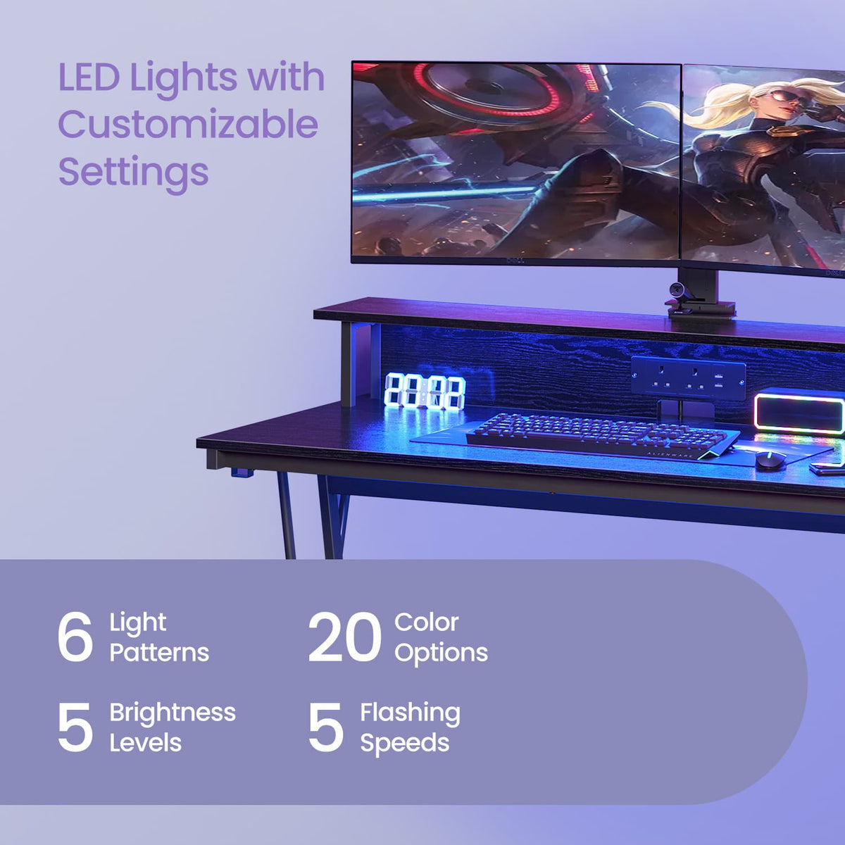 Computer Desk with LED Lights, Built-In Power Outlets, Monitor Shelf - image 3