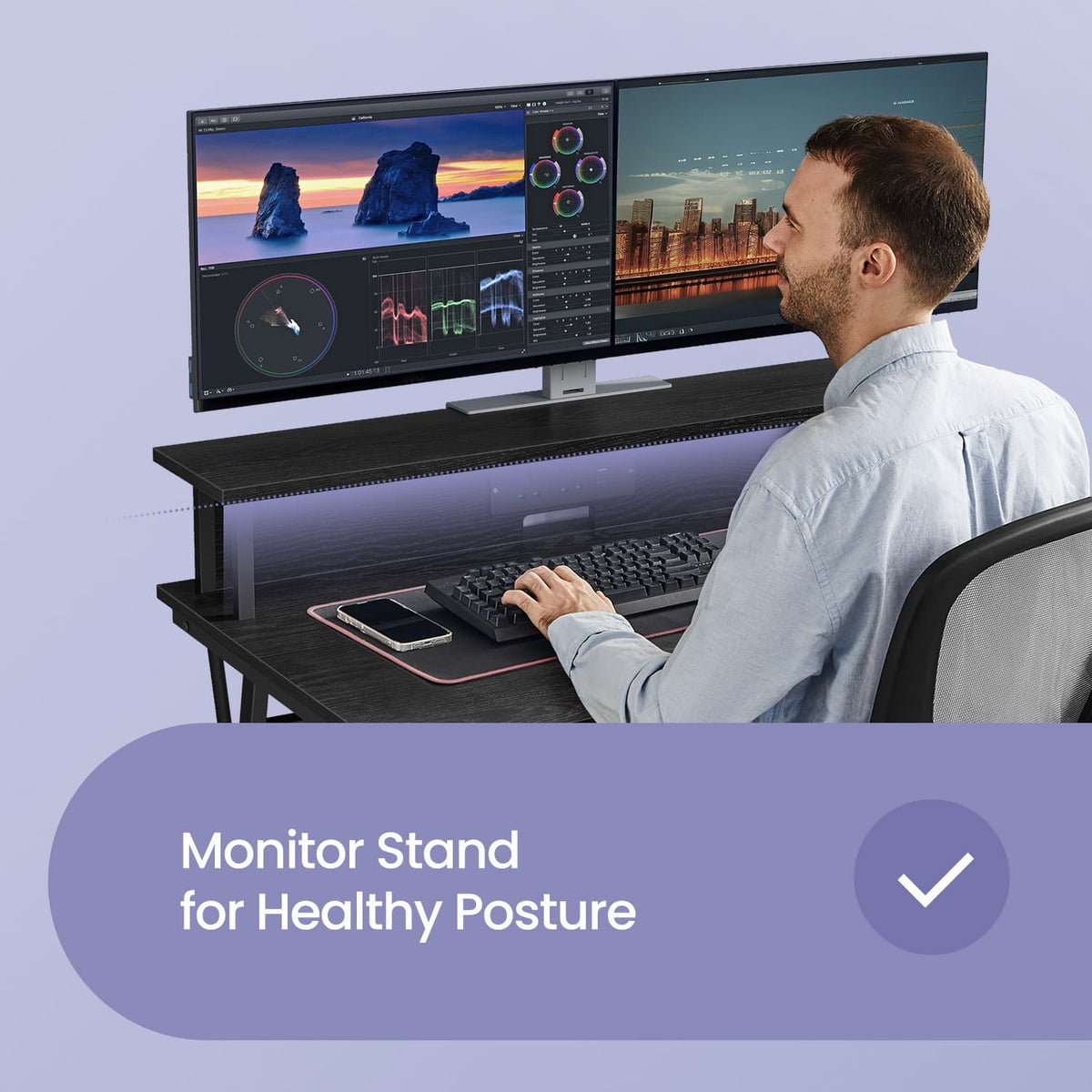 Computer Desk with LED Lights, Built-In Power Outlets, Monitor Shelf - image 5