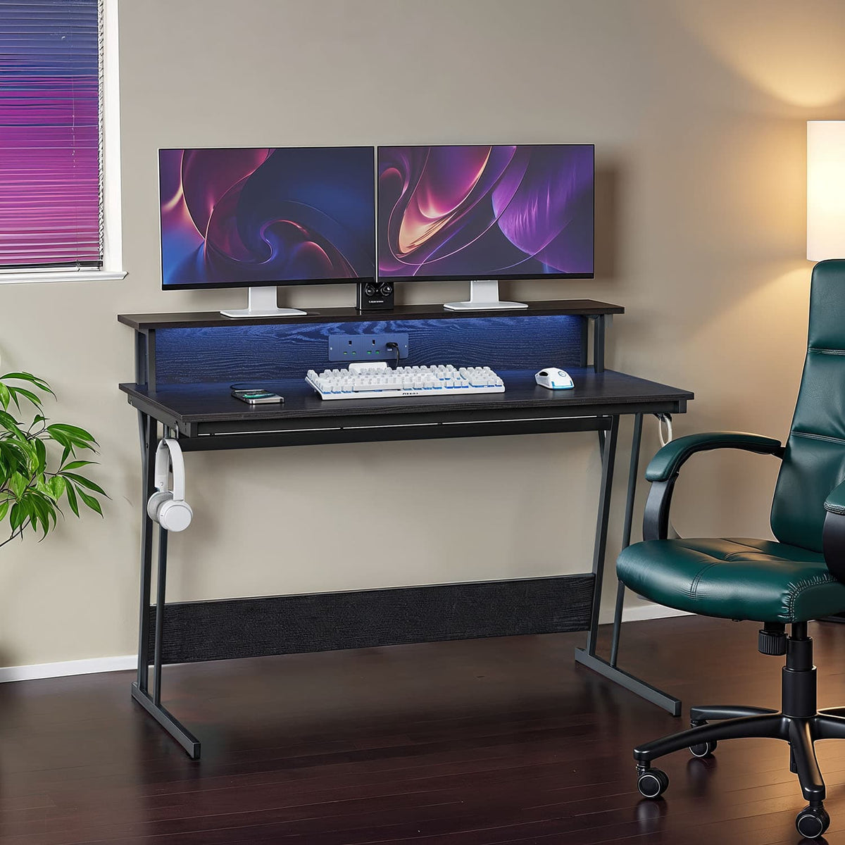 Computer Desk with LED Lights, Built-In Power Outlets, Monitor Shelf - image 2
