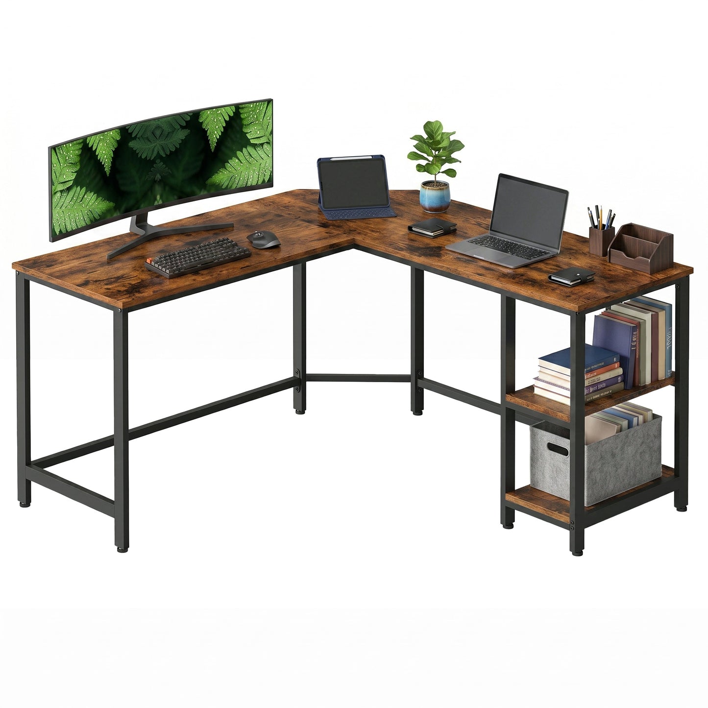 L-Shaped Office Desk, Space-Saving Corner Computer Desk with 2 Shelves, Easy Assembly, Brown and Black - image 9