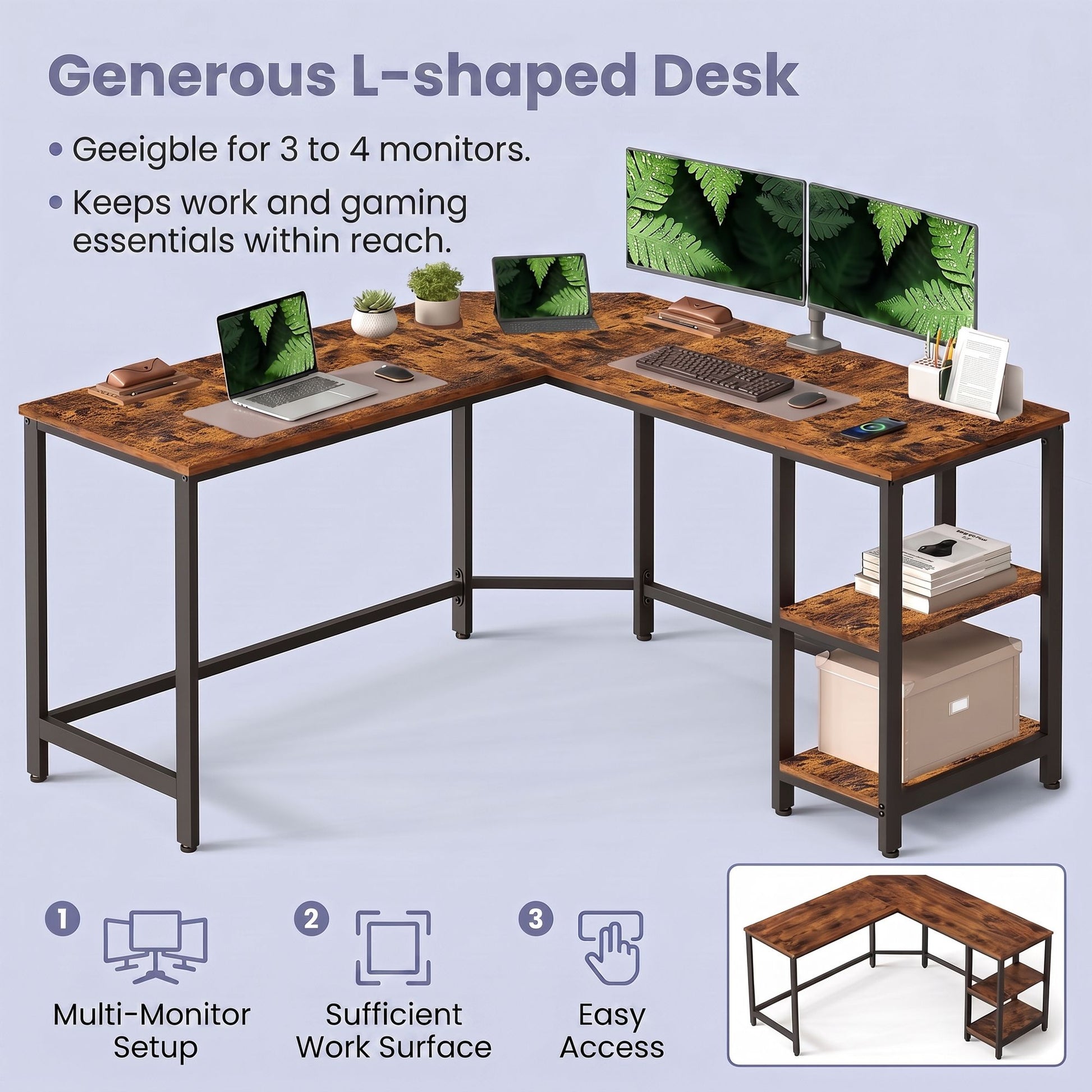 L-Shaped Office Desk, Space-Saving Corner Computer Desk with 2 Shelves, Easy Assembly, Brown and Black - image 5