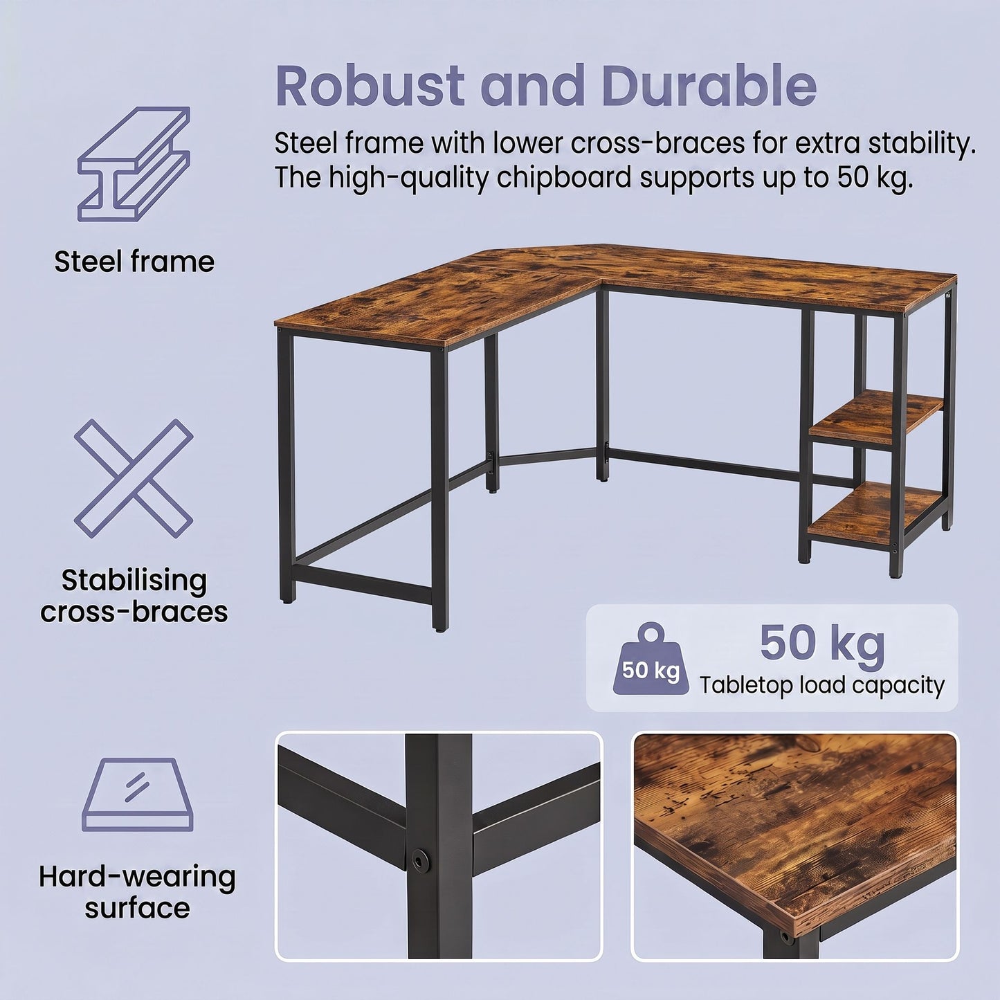 L-Shaped Office Desk, Space-Saving Corner Computer Desk with 2 Shelves, Easy Assembly, Brown and Black - image 6