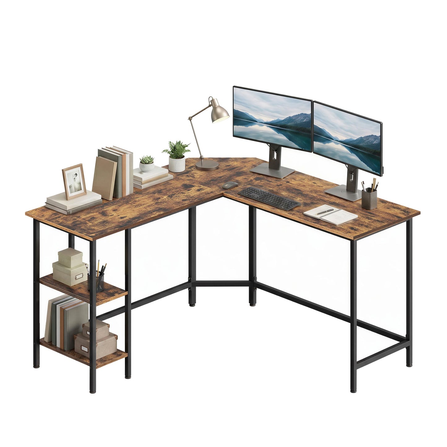L-Shaped Office Desk, Space-Saving Corner Computer Desk with 2 Shelves, Easy Assembly, Brown and Black - image 2
