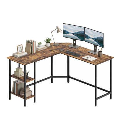 L-Shaped Office Desk, Space-Saving Corner Computer Desk with 2 Shelves, Easy Assembly, Brown and Black - image 1