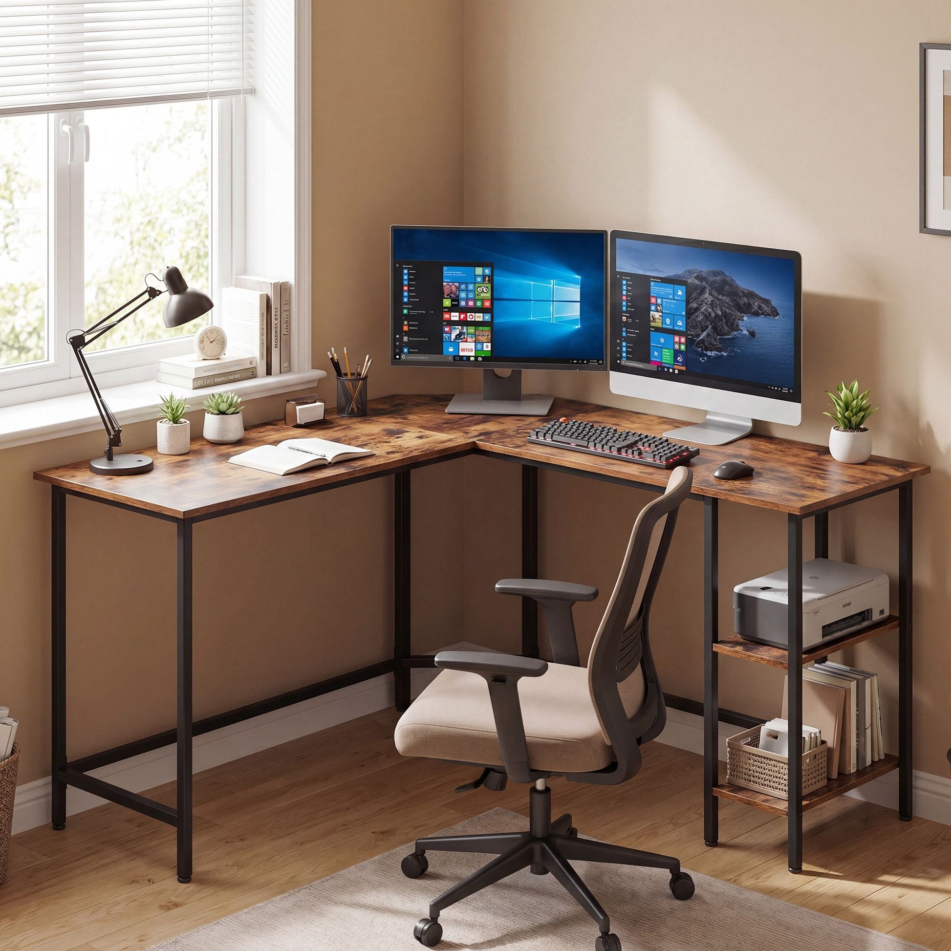 L-Shaped Office Desk, Space-Saving Corner Computer Desk with 2 Shelves, Easy Assembly, Brown and Black - image 4