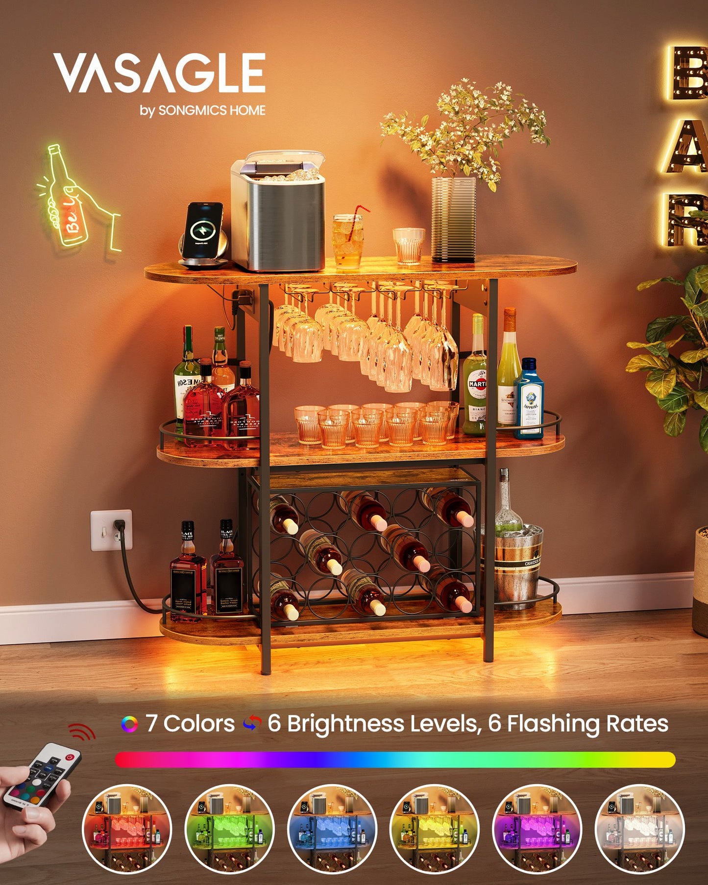 Bar Cabinet with LED Lights and Power Outlets