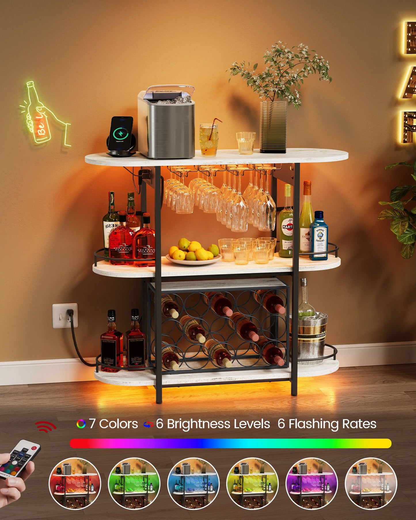 Bar Cabinet with LED Lights and Power Outlets