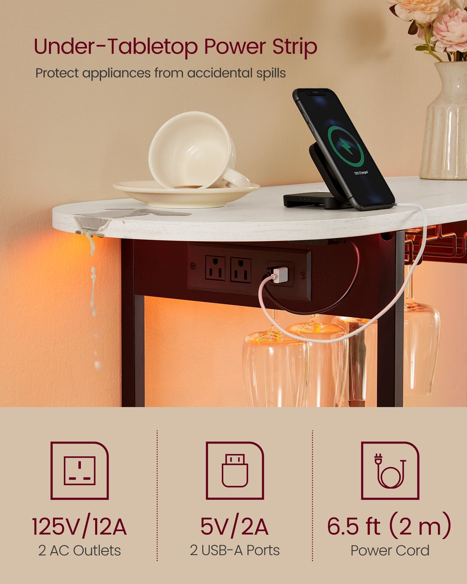 Bar Cabinet with LED Lights and Power Outlets, Freestanding Coffee Bar Wine Cabinet - image 5