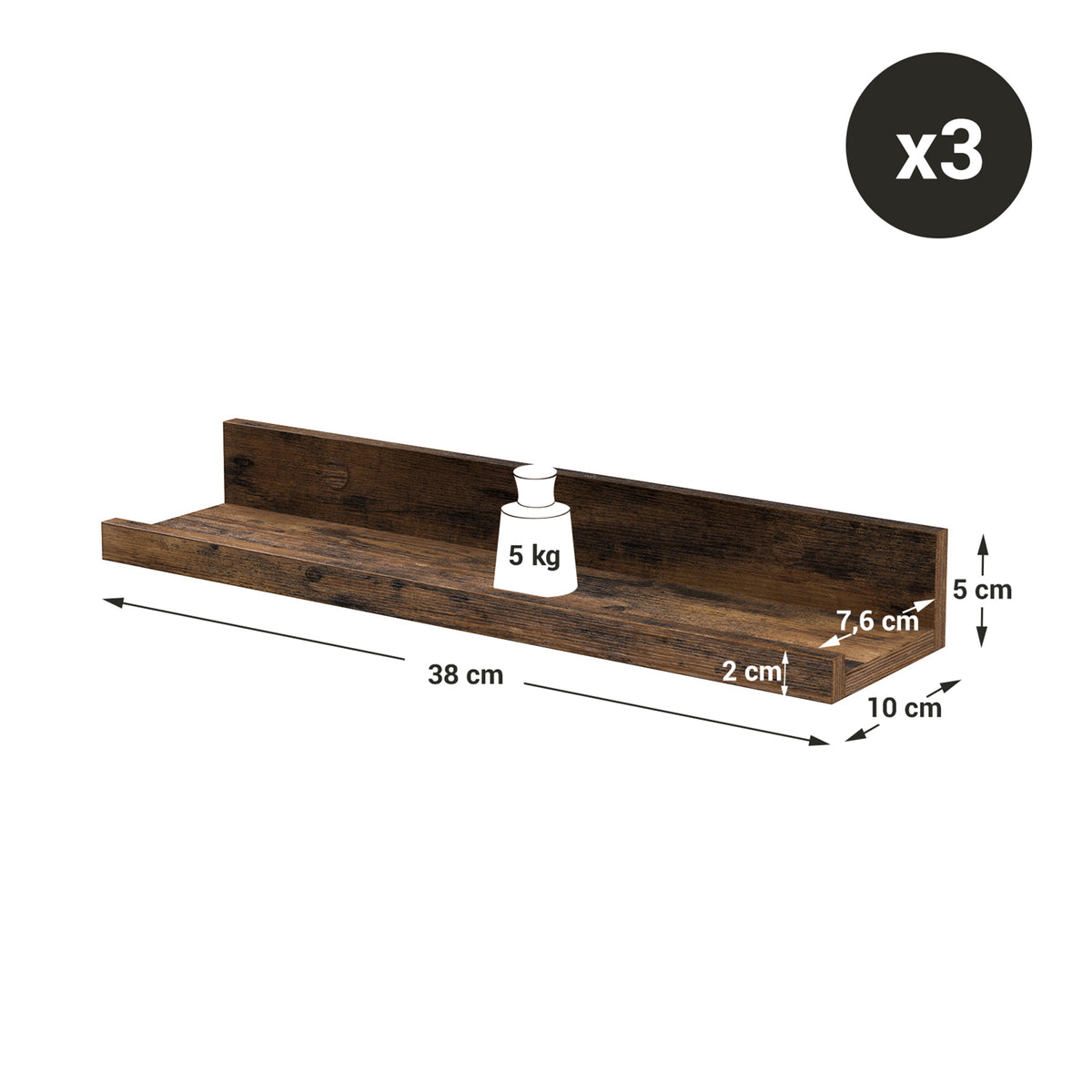 Set of 3 Rustic Brown Wooden Floating Shelves
