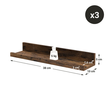 Set of 3 Rustic Brown Wooden Floating Shelves