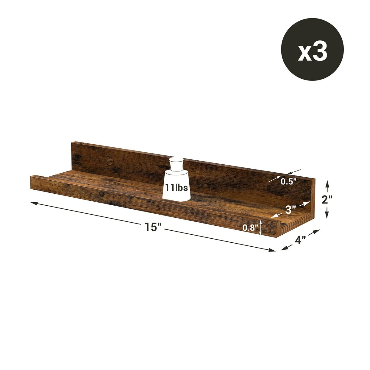 Set of 3 Rustic Brown Wooden Floating Shelves