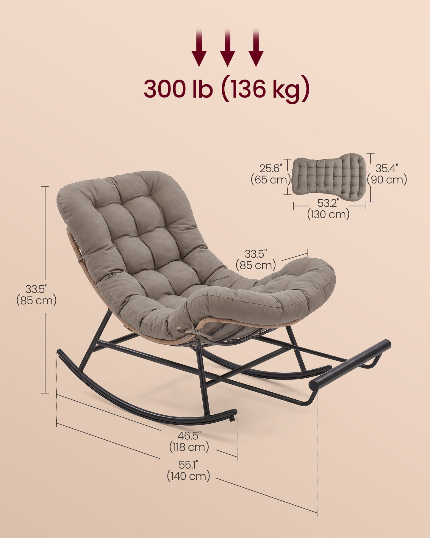 Outdoor Rocking Chair, Papasan Chair with Extendable Footrest, Outdoor Furniture, Cappuccino Beige - image 3
