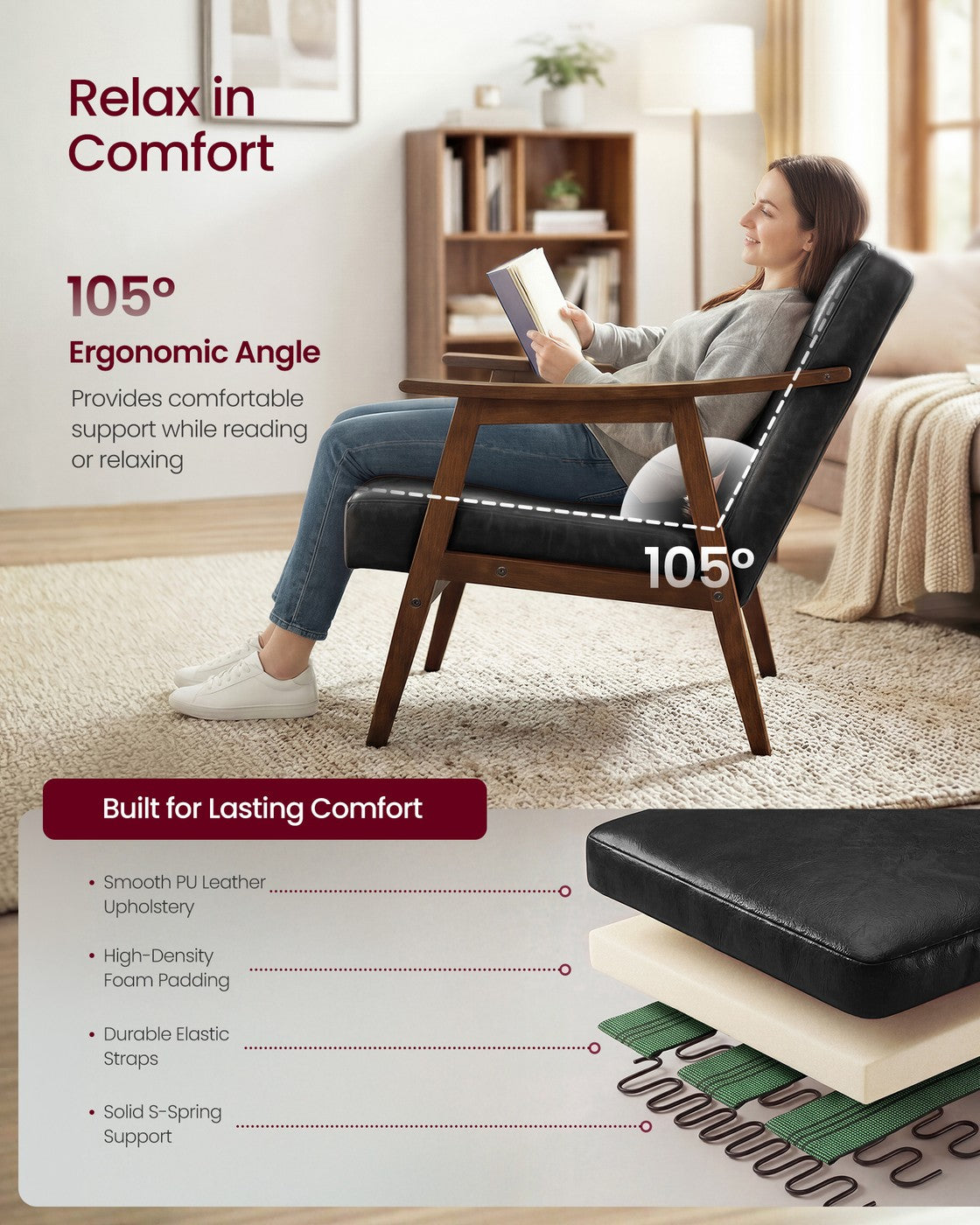 PU leather accent chair for living room bedroom or office