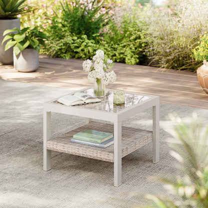 Sencillo Collection - Outdoor Steel Glass Side Table, Bone Color