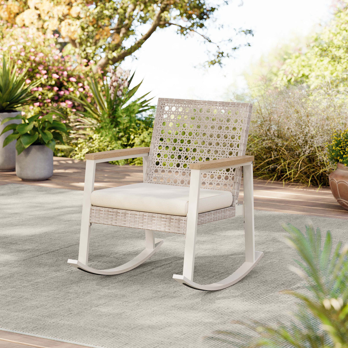 Sencillo Collection - Outdoor Steel Rocking Chair, Bone Color