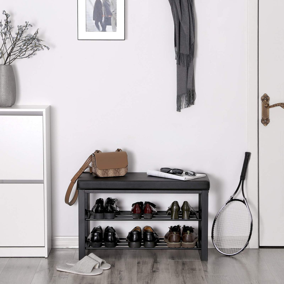 Shoe Bench, 3-Tier Shoe Rack for Entryway, Storage Organizer with Foam Padded Seat