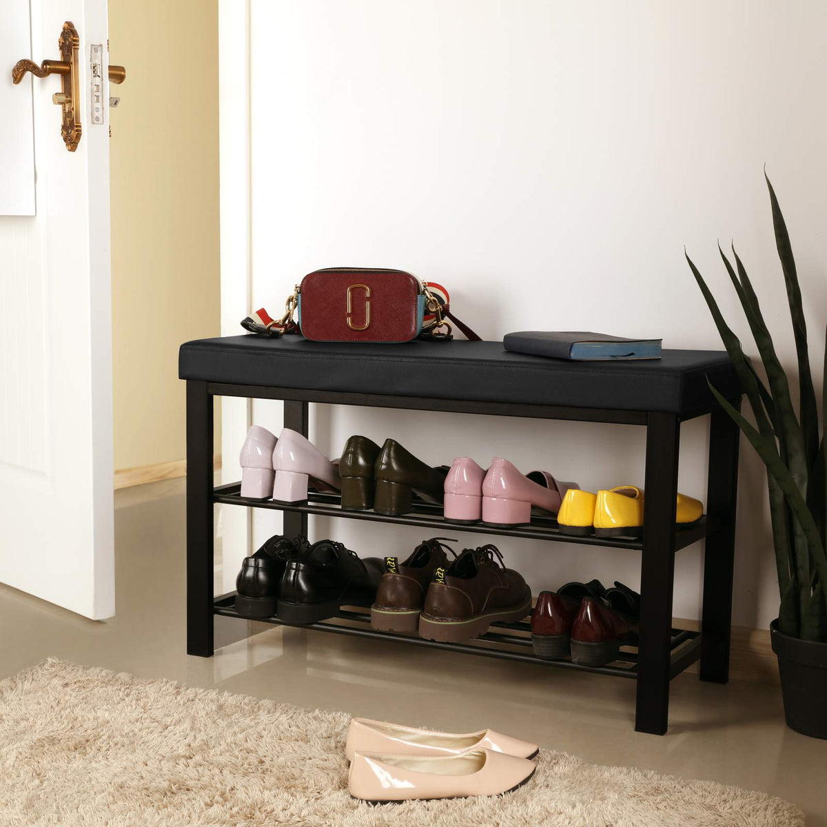 Shoe Bench, 3-Tier Shoe Rack for Entryway, Storage Organizer with Foam Padded Seat