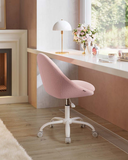 Swivel vanity chair with back and wheels in teddy fleece