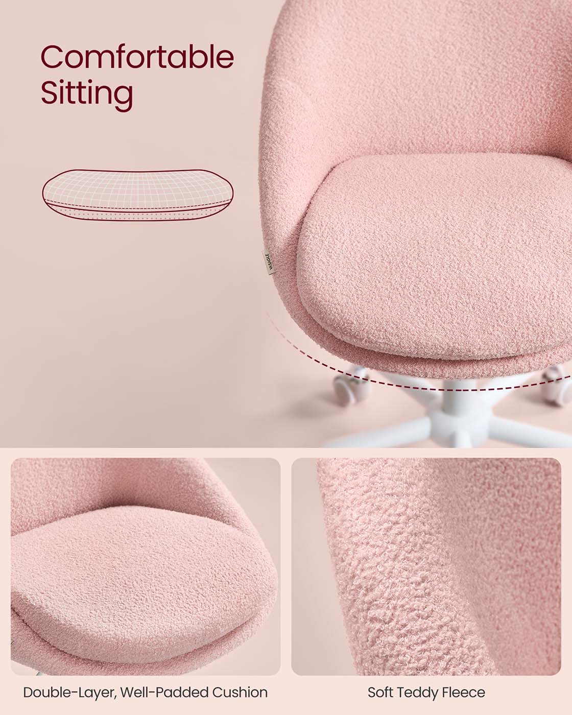 Swivel vanity chair with back and wheels in teddy fleece