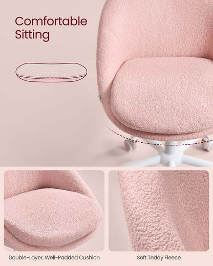 Swivel vanity chair with back and wheels in teddy fleece