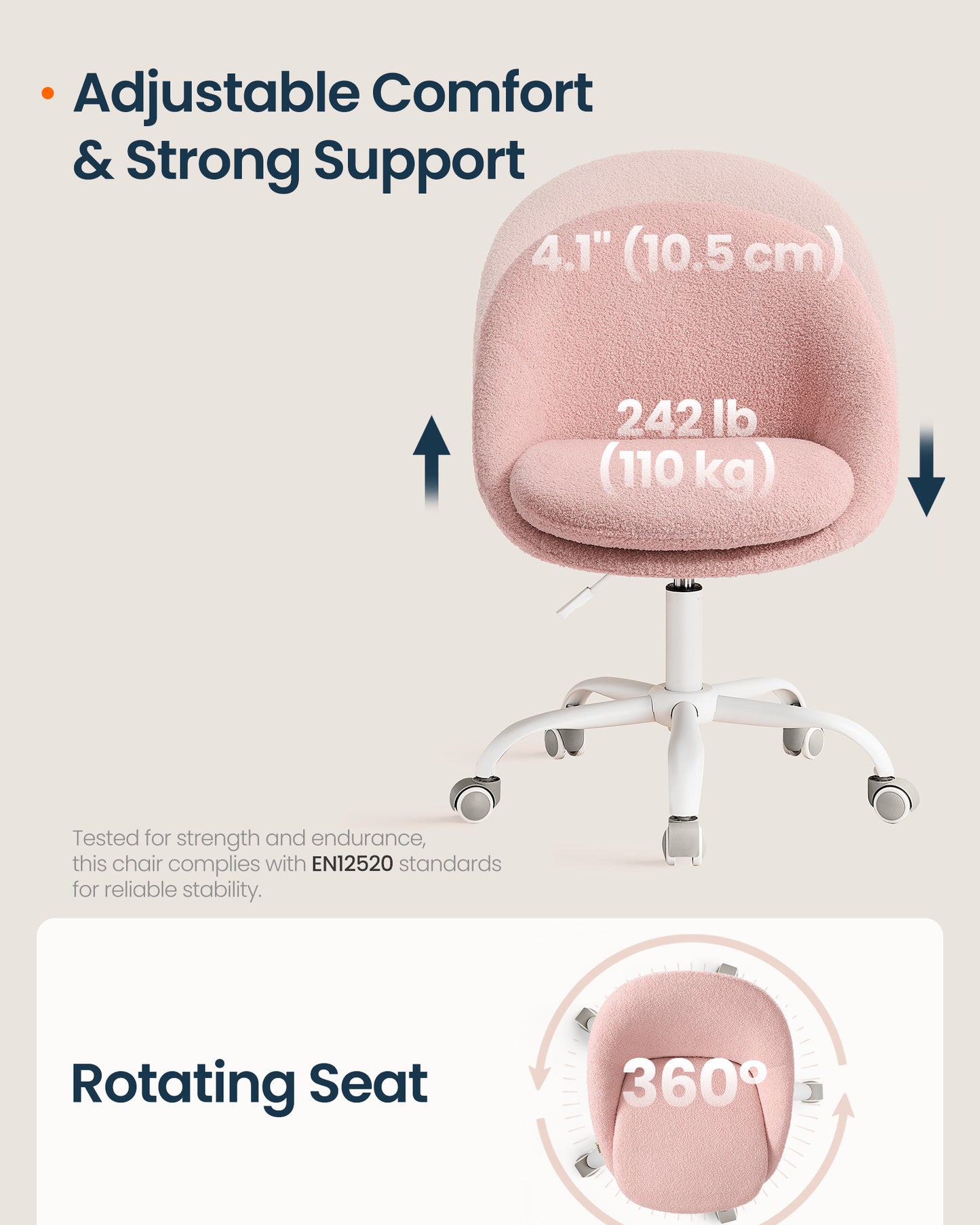 Armless Vanity Chair, Adjustable Swivel, Jelly Pink, Armless Desk Chair with Lumbar Support, for Bedroom - image 3