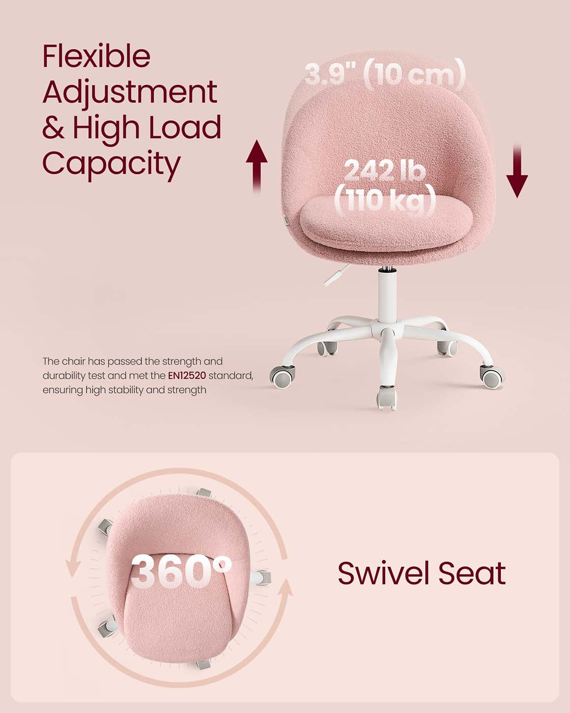 Swivel vanity chair with back and wheels in teddy fleece