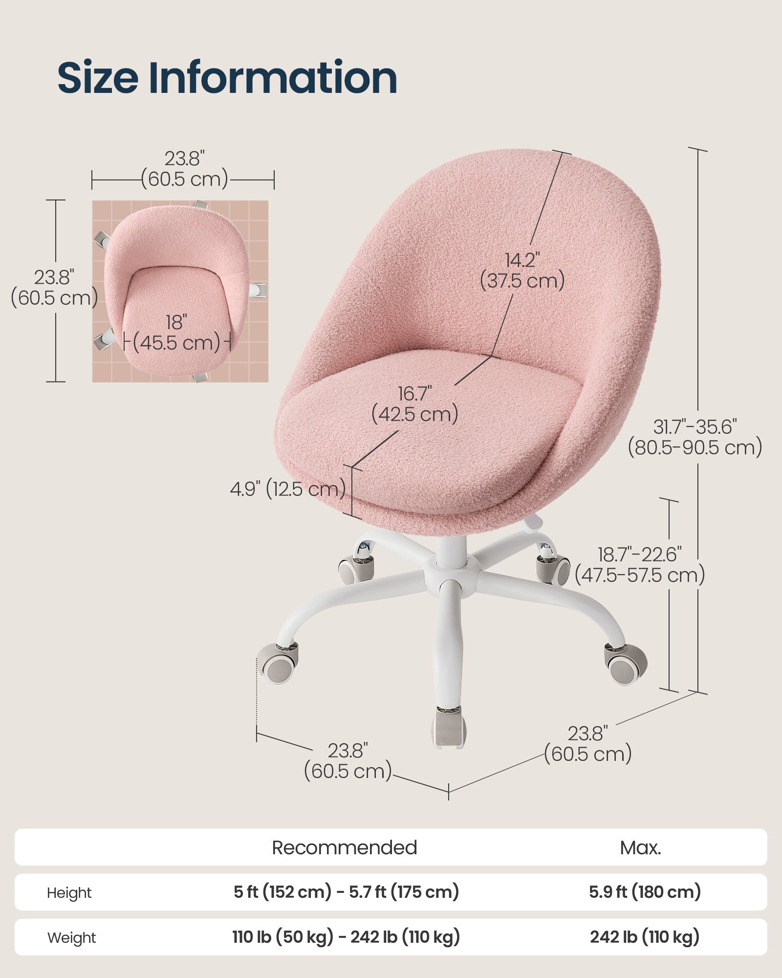 Armless Vanity Chair, Adjustable Swivel, Jelly Pink, Armless Desk Chair with Lumbar Support, for Bedroom - image 4