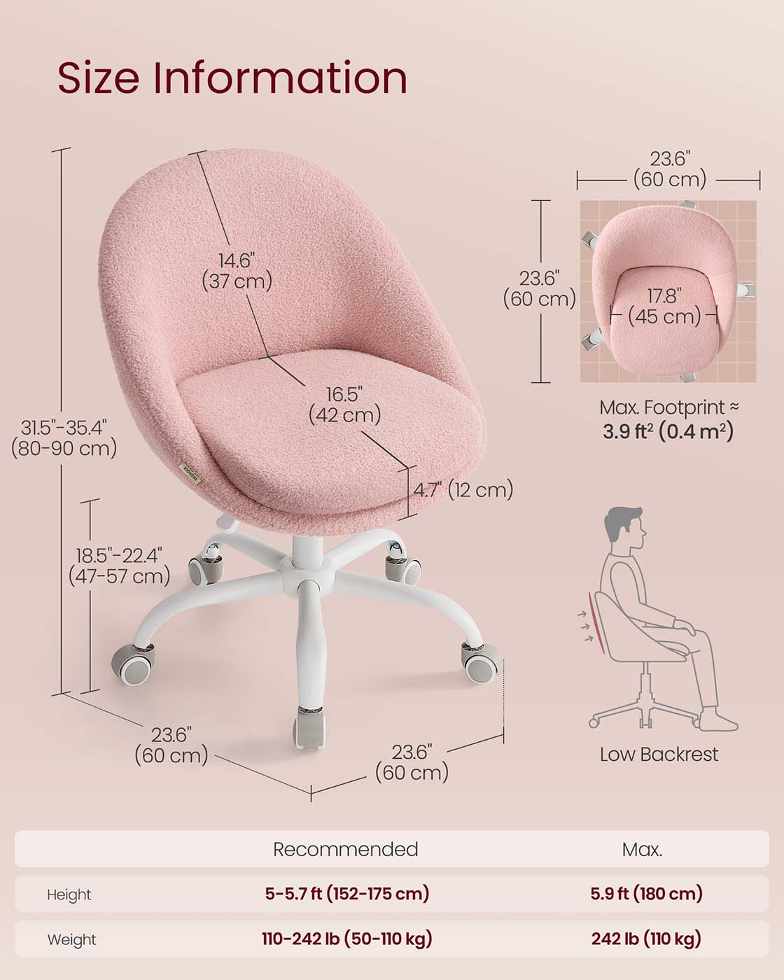 Swivel vanity chair with back and wheels in teddy fleece