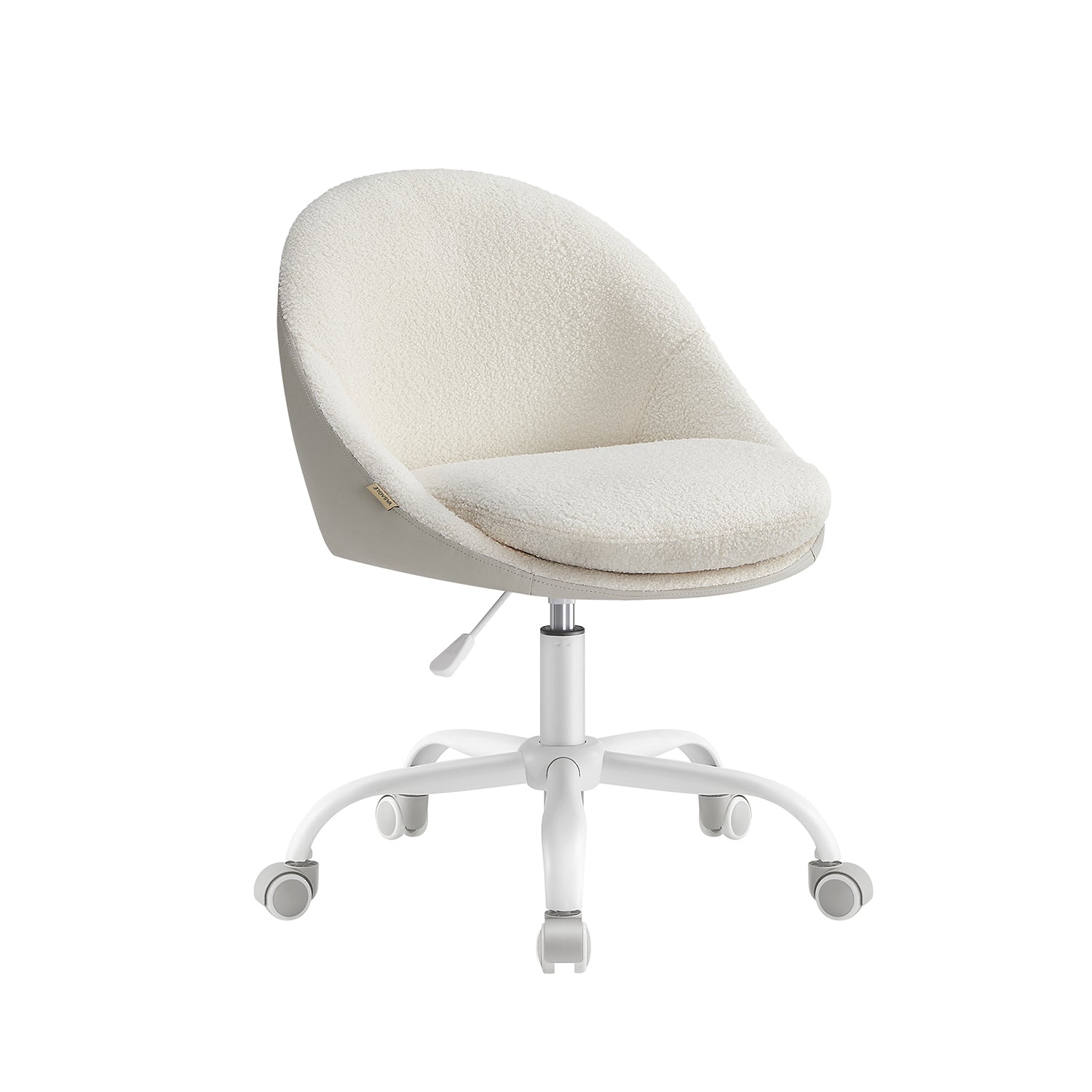 Swivel vanity chair with back and wheels in sherpa and synthetic leather