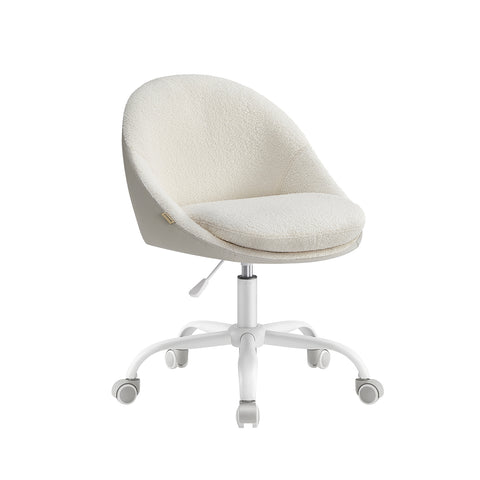 Swivel vanity chair with back and wheels in sherpa and synthetic leather
