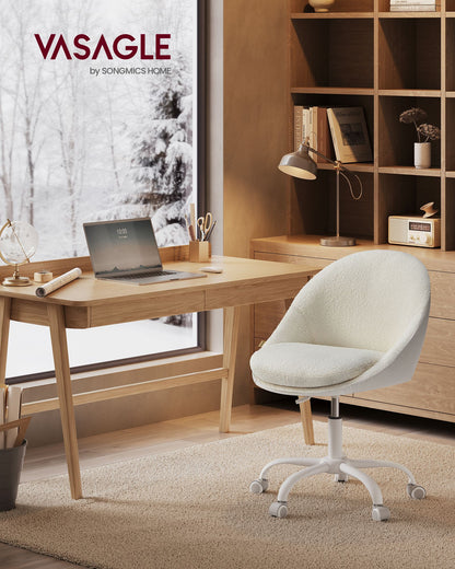 Swivel vanity chair with back and wheels in sherpa and synthetic leather