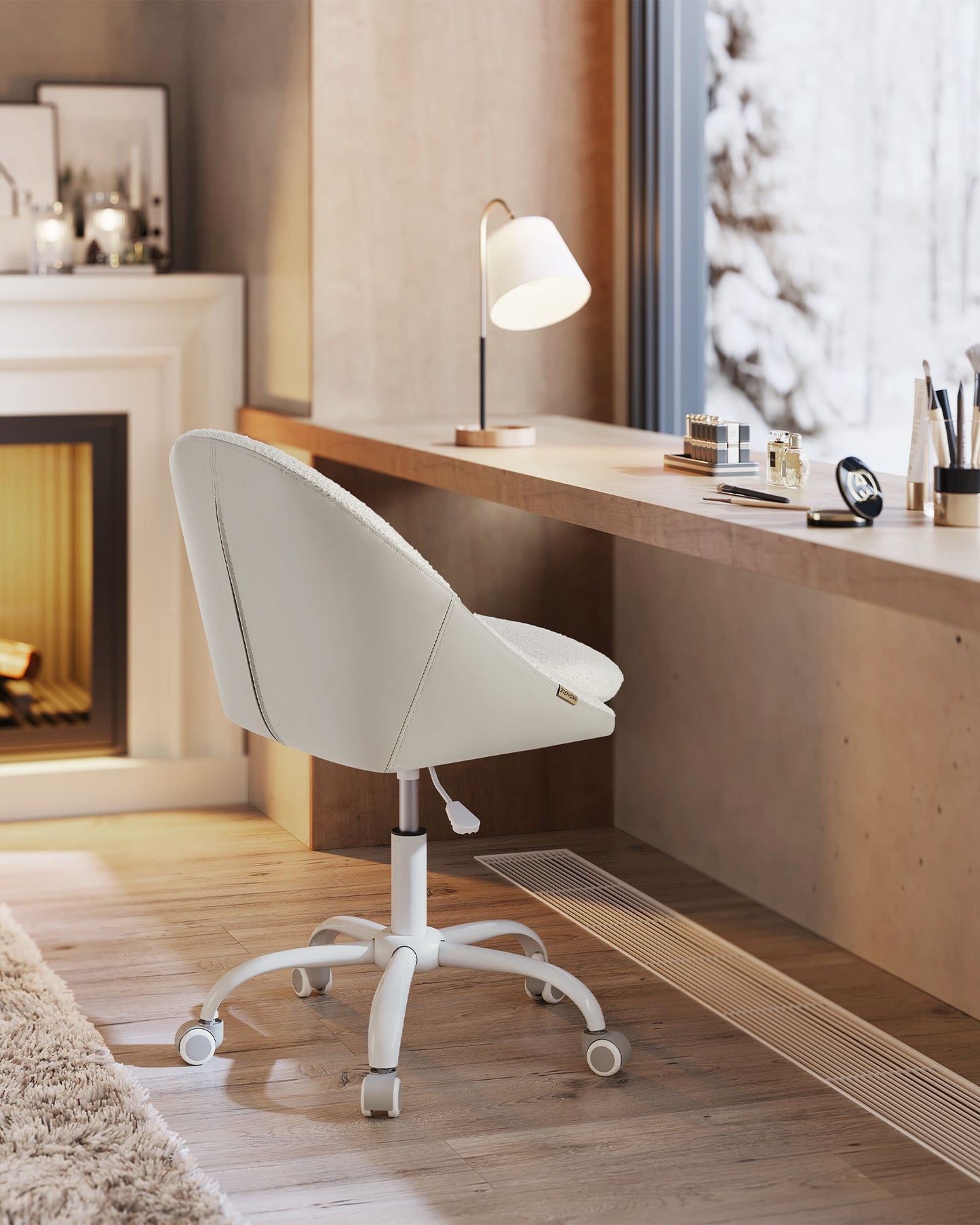 Swivel vanity chair with back and wheels in sherpa and synthetic leather