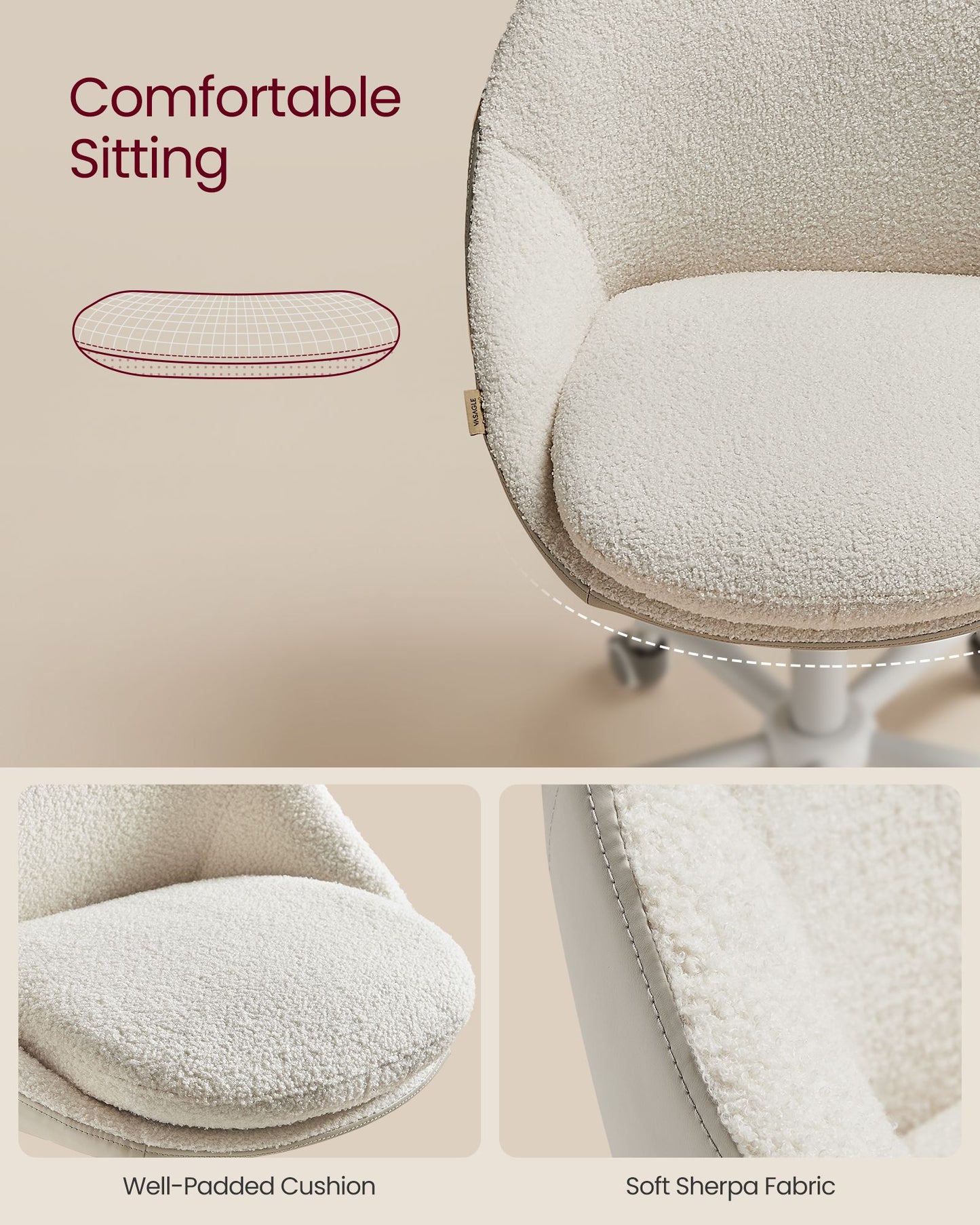 Swivel vanity chair with back and wheels in sherpa and synthetic leather