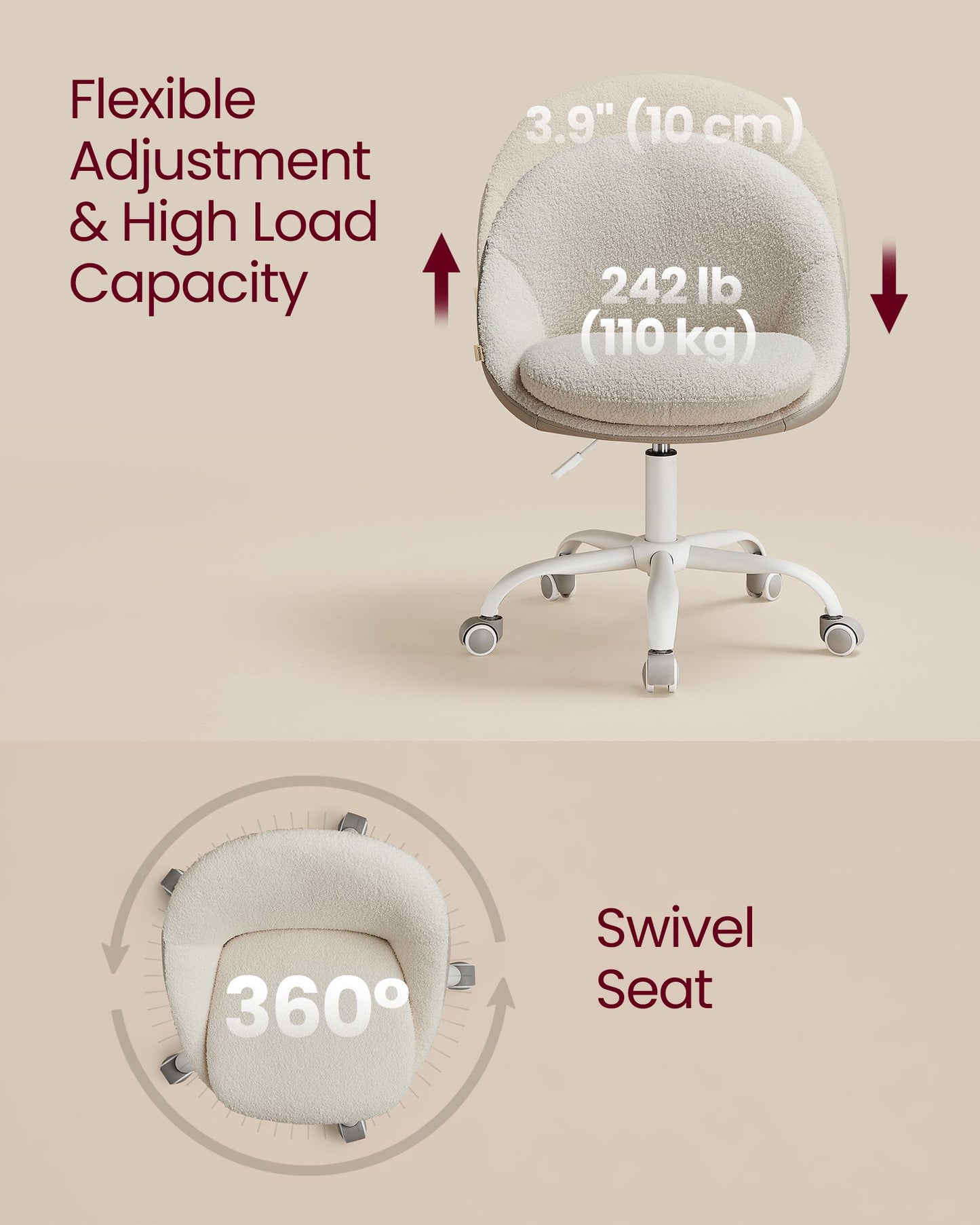 Swivel vanity chair with back and wheels in sherpa and synthetic leather