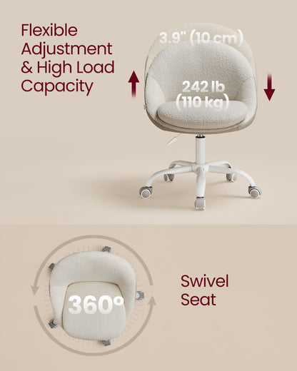 Swivel vanity chair with back and wheels in sherpa and synthetic leather