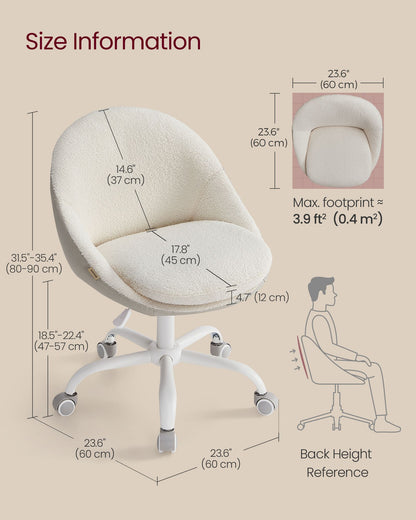 Swivel vanity chair with back and wheels in sherpa and synthetic leather