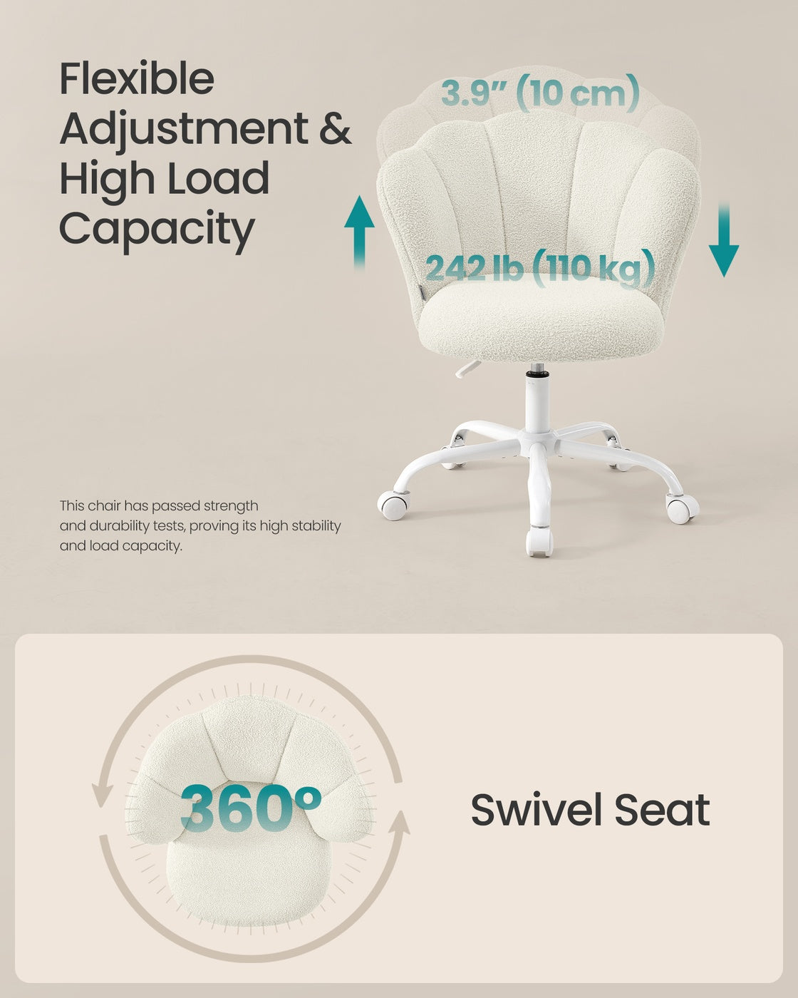 Swivel Office Desk Chair Makeup Vanity Chair for Dressing Table Holds 110 kg Cream White - image 6