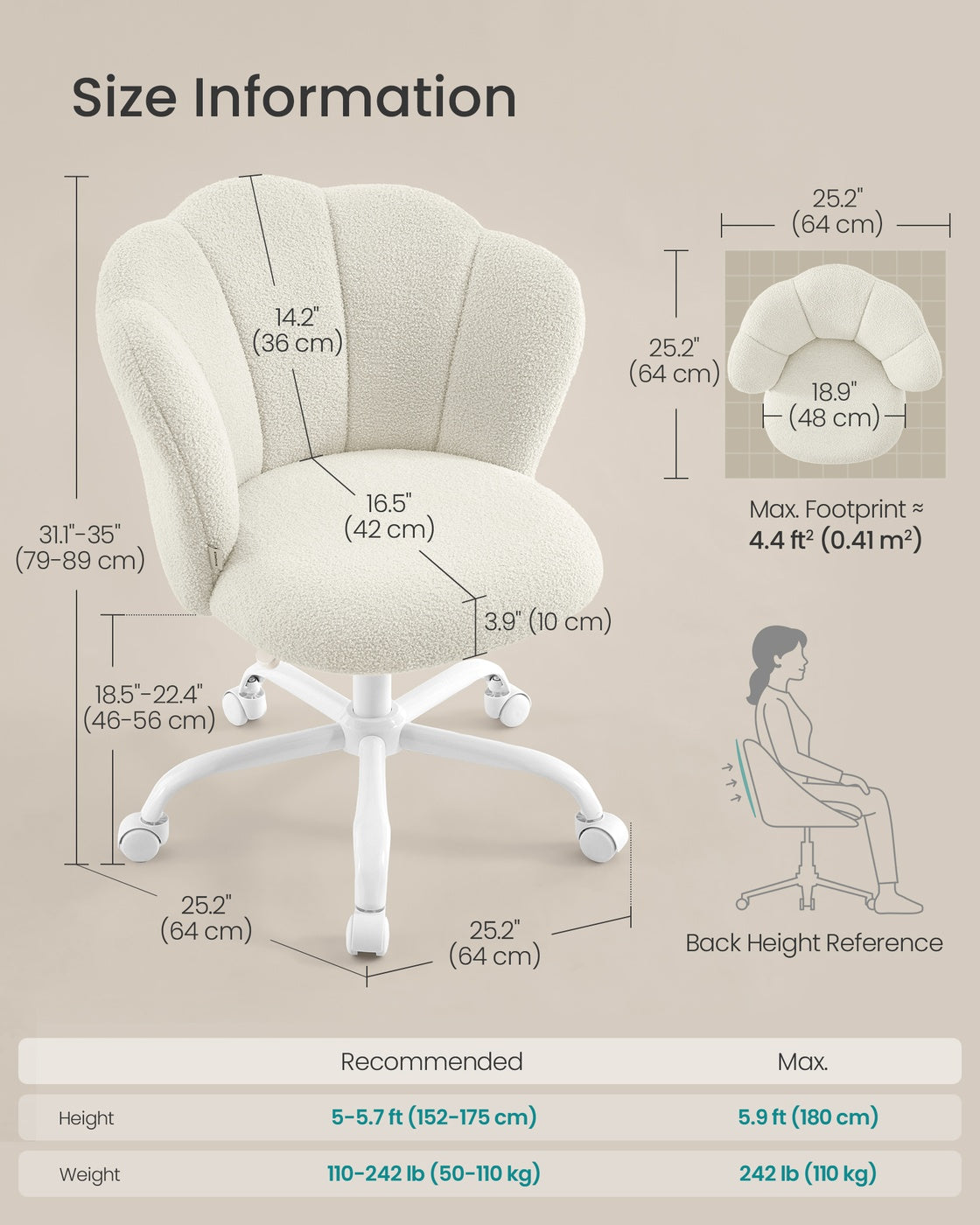 Swivel Office Desk Chair Makeup Vanity Chair for Dressing Table Holds 110 kg Cream White - image 8