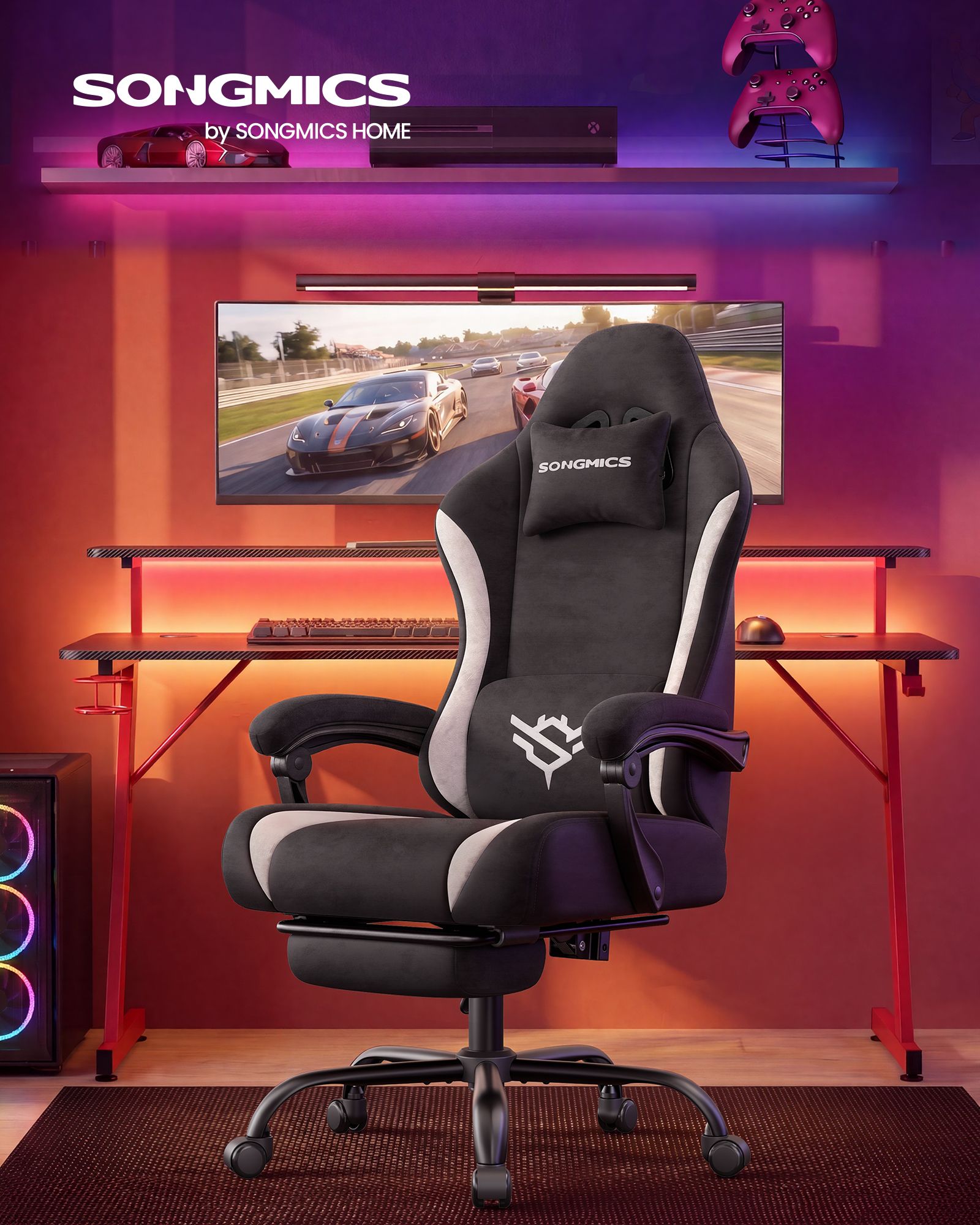 Gaming Chair, Ergonomic Computer Desk Chair with Footrest, Reclining Backrest, Ink Black and Cloud White - image 2
