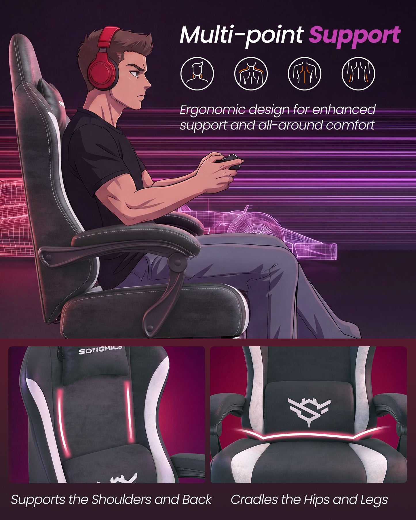 Gaming Chair, Ergonomic Computer Desk Chair with Footrest, Reclining Backrest, Ink Black and Cloud White - image 7