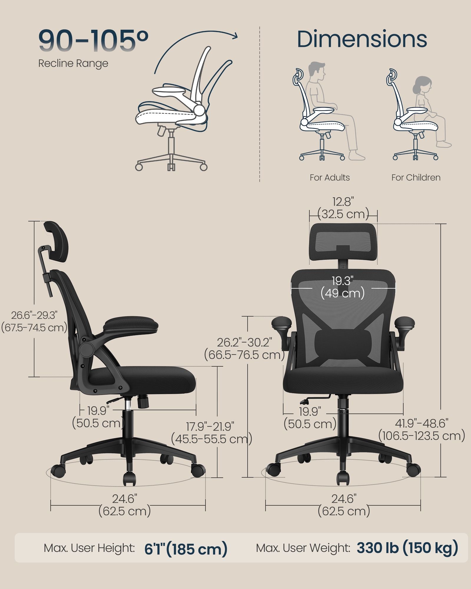 Ergonomic Mesh Desk Chair with Flip-Up Armrests and Headrest, Computer Office Chair in Ink Black - image 4