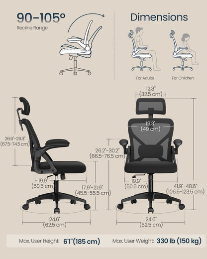 Ergonomic Mesh Desk Chair with Flip-Up Armrests and Headrest, Computer Office Chair in Ink Black - image 4
