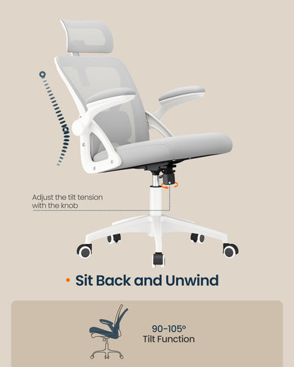 Ergonomic Mesh Desk Chair with Flip-Up Armrests and Headrest, Computer Office Chair in Dove Gray - image 3